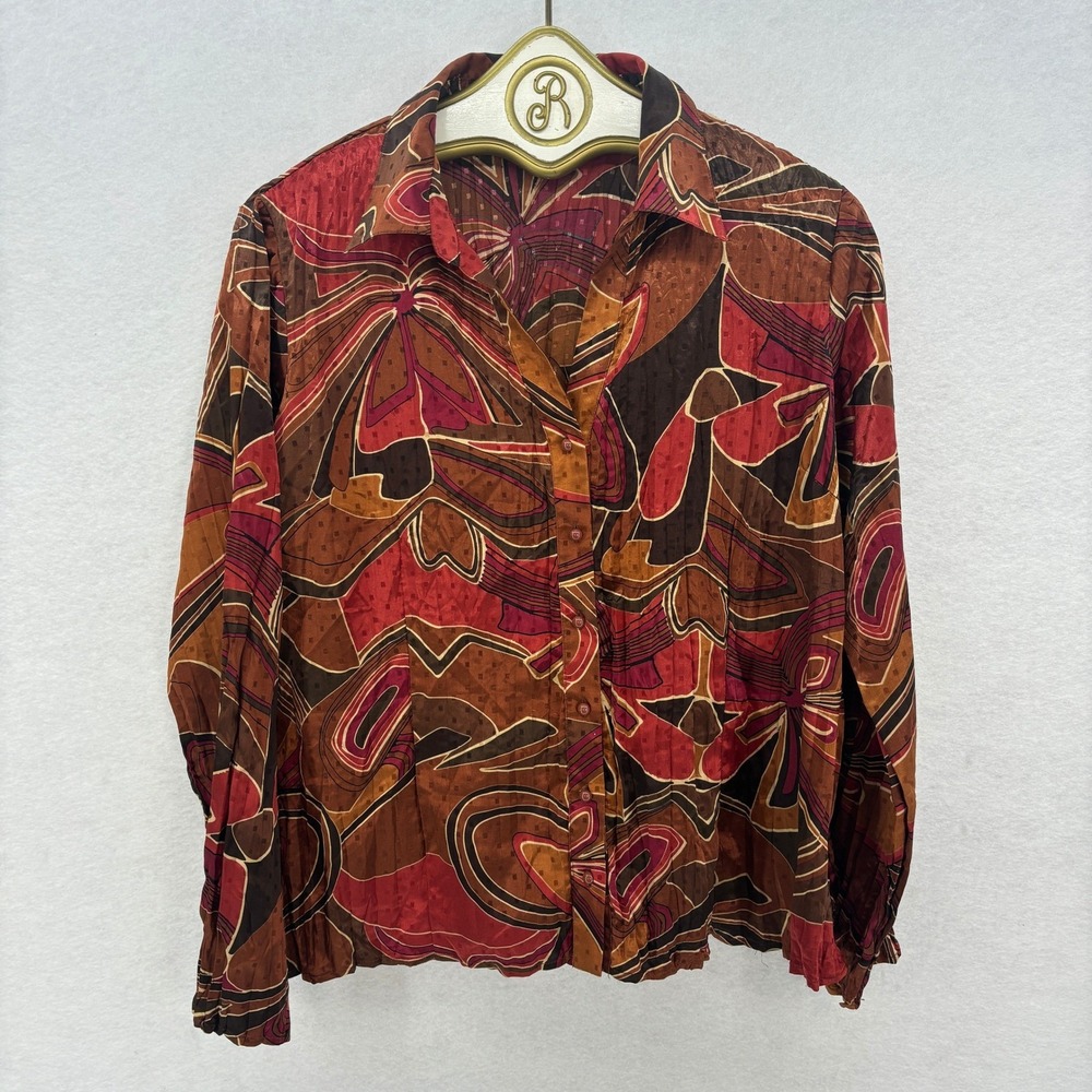 Lindor Abstract Print Button Front Blouse Womens LARGE Brown‎ Red Retro Top